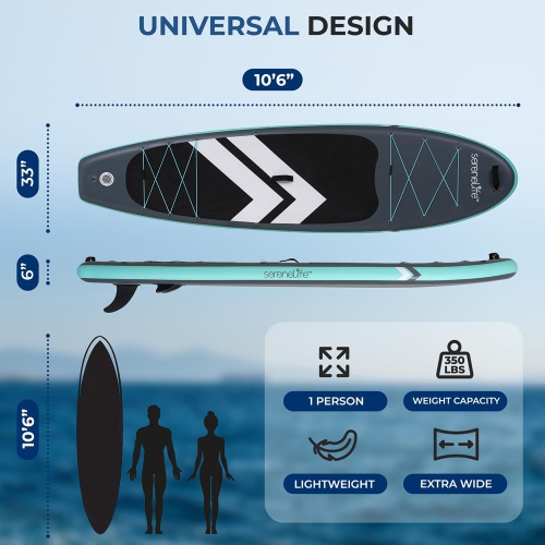 SereneLife 10’ Inflatable Stand Up Paddle Board with Premium SUP Accessories - 32” Wide Stable Design with Non-Slip EVA Deck Pad, for Youth and