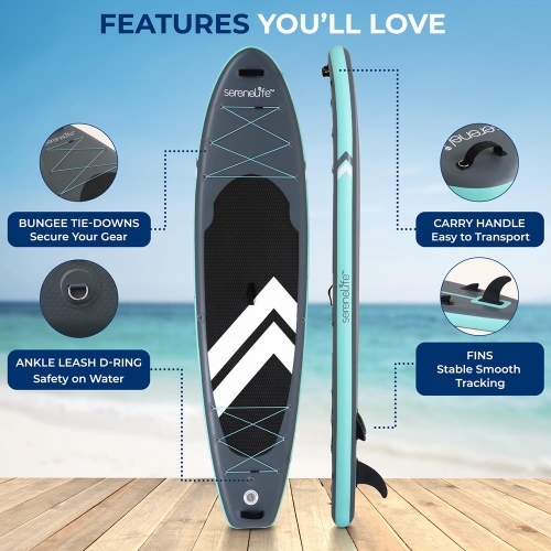 SereneLife 10’ Inflatable Stand Up Paddle Board with Premium SUP Accessories - 32” Wide Stable Design with Non-Slip EVA Deck Pad, for Youth and