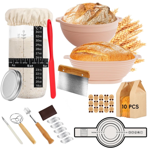 Sourdough Starter Kit, Silicone Banneton Bread Proofing Basket Set of 2, Sourdough Starter Kit Beginners with 10pcs Bread Bags for Baking Lovers