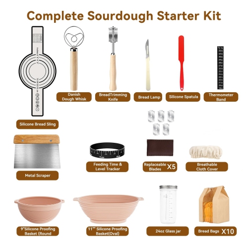 Sourdough Starter Kit, Silicone Banneton Bread Proofing Basket Set of 2, Sourdough Starter Kit Beginners with 10pcs Bread Bags for Baking Lovers