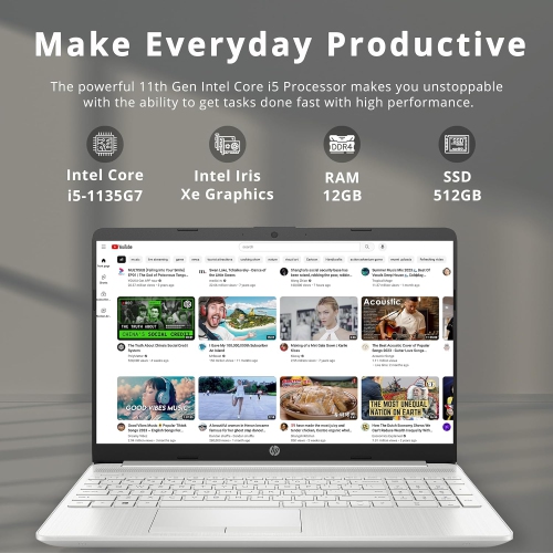 Refurbished Excellent - HP 15.6" HD Touchscreen Laptop, 11th Gen Intel Core i5-1135G7, 512GB PCIe SSD, 12GB RAM, Backlit Keyboard, Iris Xe Graphics,