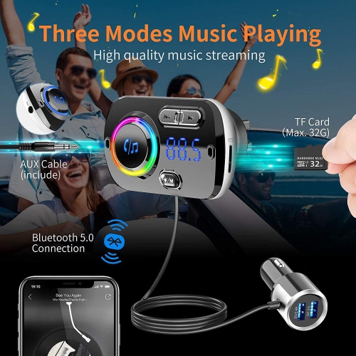 Émetteur FM Bluetooth pour l'auto, sans fil, mains libres Bluetooth 5,0 1,2&nbsp;po, lecteur MP3 LCD, chargement rapide USB 3,0 accessoires pour