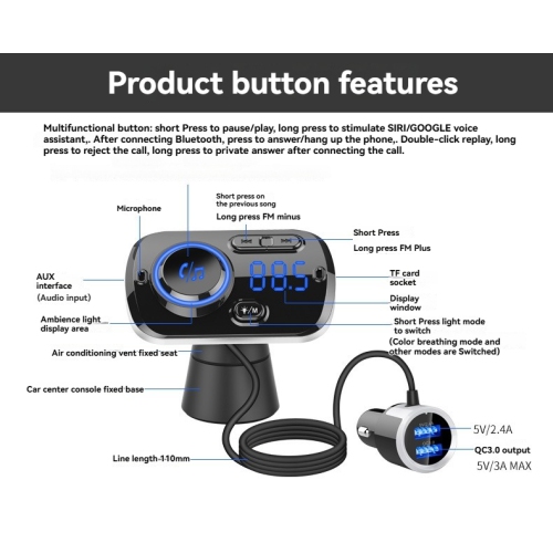 Émetteur FM Bluetooth pour l'auto, sans fil, mains libres Bluetooth 5,0 1,2&nbsp;po, lecteur MP3 LCD, chargement rapide USB 3,0 accessoires pour