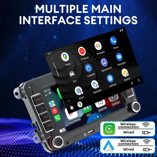 A 7-inch dual-DIN car audio system for Volkswagen Golf IV, compatible with CarPlay/Android Auto, FM/AM radio, USB interface, and rearview camera.