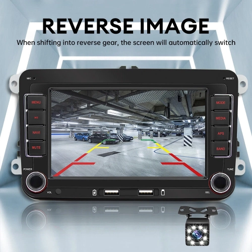 A 7-inch dual-DIN car audio system for Volkswagen Golf IV, compatible with CarPlay/Android Auto, FM/AM radio, USB interface, and rearview camera.