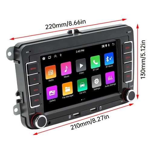 A 7-inch dual-DIN car audio system for Volkswagen Golf IV, compatible with CarPlay/Android Auto, FM/AM radio, USB interface, and rearview camera.