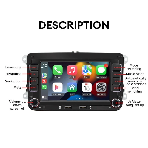 A 7-inch dual-DIN car audio system for Volkswagen Golf IV, compatible with CarPlay/Android Auto, FM/AM radio, USB interface, and rearview camera.