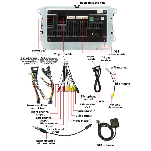 A 7-inch dual-DIN car audio system for Volkswagen Golf IV, compatible with CarPlay/Android Auto, FM/AM radio, USB interface, and rearview camera.