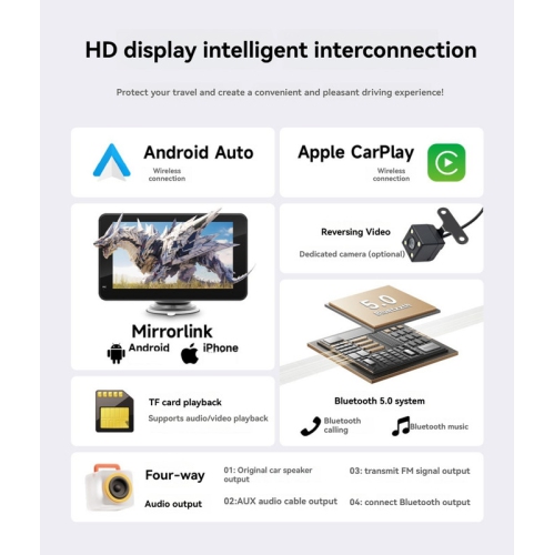 Écran portatif CarPlay, écran sans fil Apple CarPlay et Android Auto dans l'auto, lecteur multimédia Bluetooth MP5, radio d'auto à écran tactile de