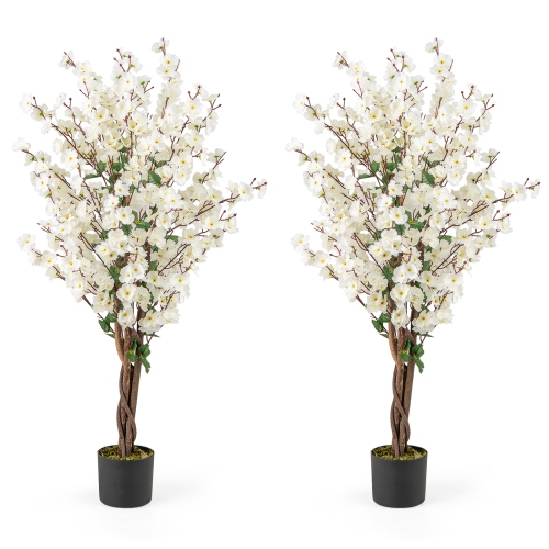 GYMAX  2PCs 47" Artificial Winter Sweet Tree Faux Plum Blossom Plant W/ Fabric Flower In White