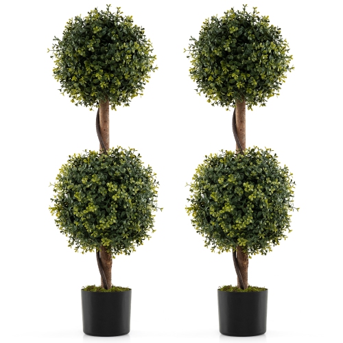 Gymax Set of 2 Artificial Double Topiary Ball Trees 3 FT Faux Boxwood Topiary Tree