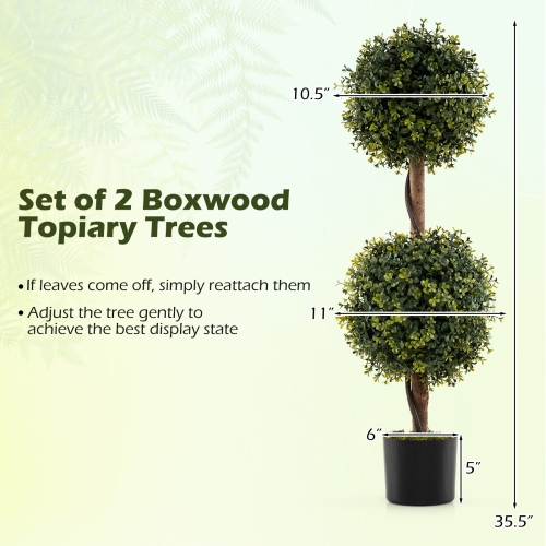 Gymax Set of 2 Artificial Double Topiary Ball Trees 3 FT Faux Boxwood Topiary Tree