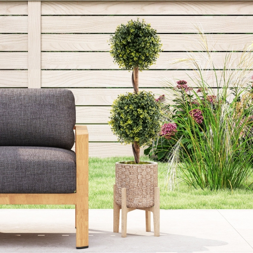 Gymax Set of 2 Artificial Double Topiary Ball Trees 3 FT Faux Boxwood Topiary Tree