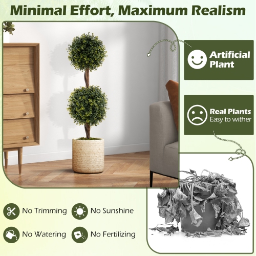 Gymax Set of 2 Artificial Double Topiary Ball Trees 3 FT Faux Boxwood Topiary Tree