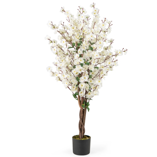 GYMAX  47" Artificial Winter Sweet Tree Faux Plum Blossom Plant W/ Fabric Flower In White