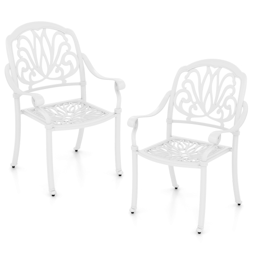 GYMAX  Set Of 2 Patio Cast Aluminum Dining Chairs Armrests Outdoor Stackable In White