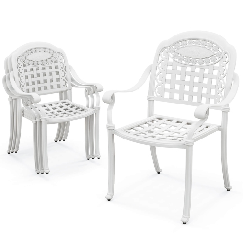 GYMAX  Set Of 4 Patio Cast Aluminum Armrest Chairs Dining Stackable Outdoor In White