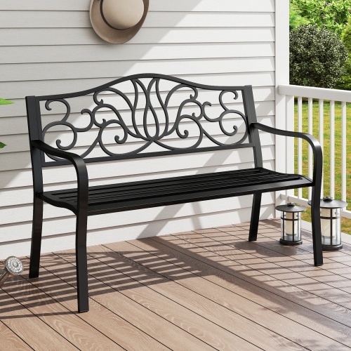 GYMAX  2-Person Metal Bench W/ Floral Pattern Slanted Backrest Slatted Surface In Black