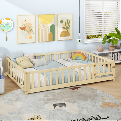 Gymax Full Size Floor Bed Montessori Bed Frame w/ Full-length Guardrails & Safety Door