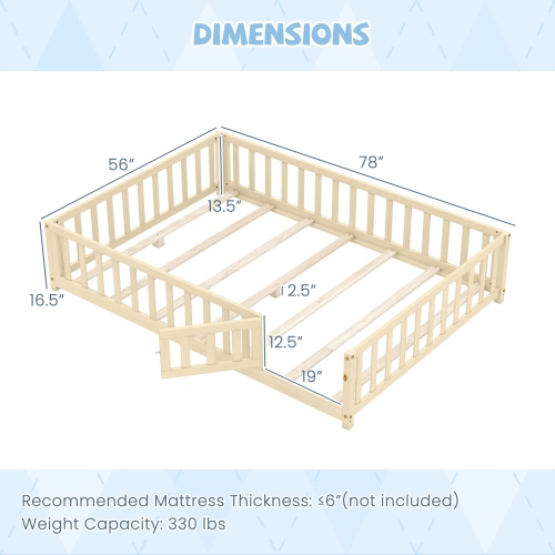 Gymax Full Size Floor Bed Montessori Bed Frame w/ Full-length Guardrails & Safety Door