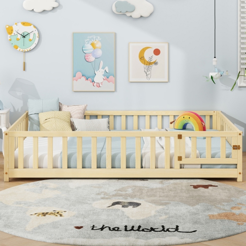 Gymax Full Size Floor Bed Montessori Bed Frame w/ Full-length Guardrails & Safety Door