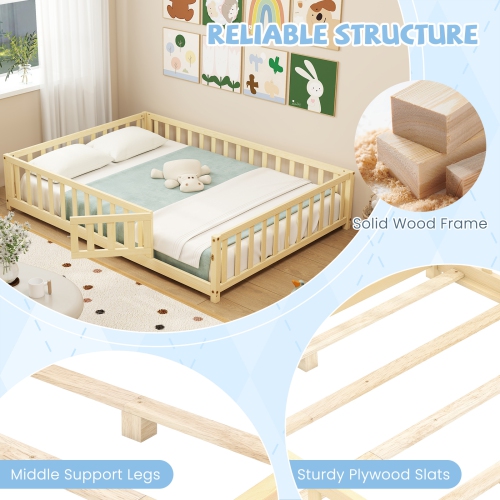 Gymax Full Size Floor Bed Montessori Bed Frame w/ Full-length Guardrails & Safety Door