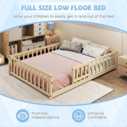 Gymax Full Size Floor Bed Montessori Bed Frame w/ Full-length Guardrails & Safety Door