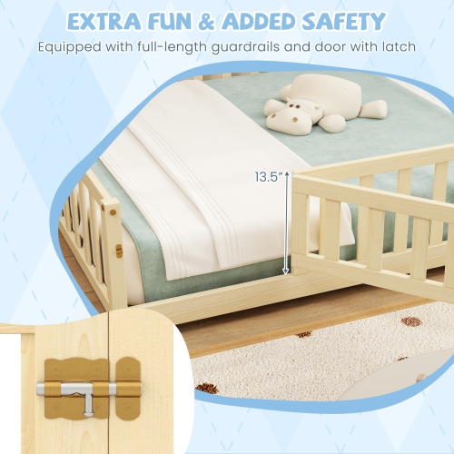 Gymax Full Size Floor Bed Montessori Bed Frame w/ Full-length Guardrails & Safety Door