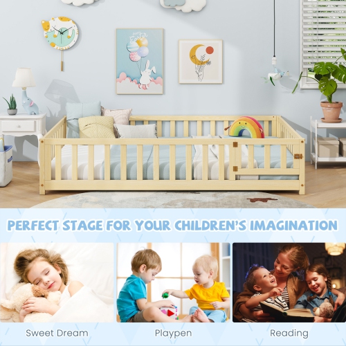 Gymax Full Size Floor Bed Montessori Bed Frame w/ Full-length Guardrails & Safety Door