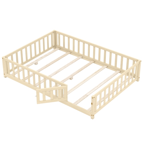 Gymax Full Size Floor Bed Montessori Bed Frame w/ Full-length Guardrails & Safety Door