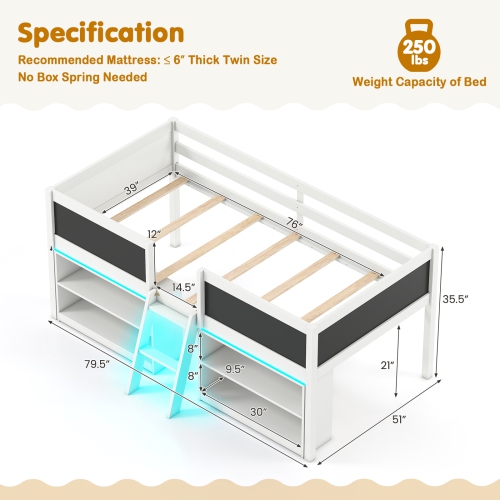 Gymax Low Loft Bed Twin Size Wooden Bed Frame Kid's Cabin Bed w/ Bookcases