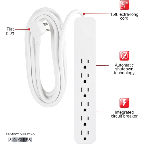 GE 6-Outlet Surge Protector, 10 Ft Braided Extension Cord