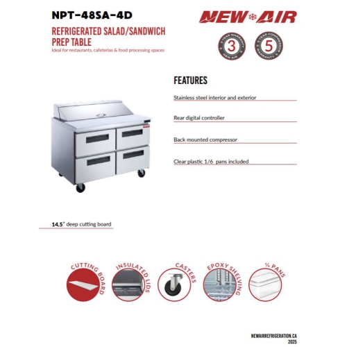 New Air NPT-48SA-4D 48" Refrigerated Salad/Sandwich Prep Table - Ideal for restaurants, cafeterias and food processing spaces