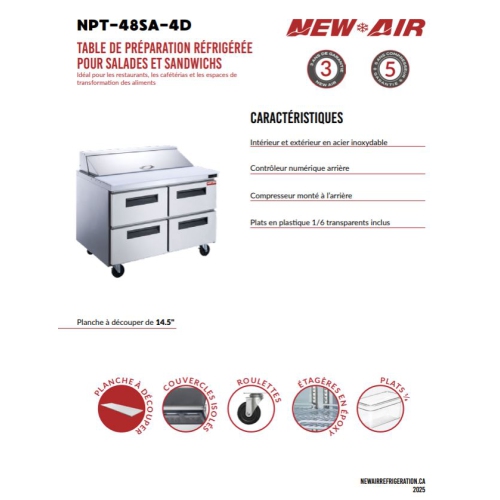 New Air NPT-48SA-4D 48" Refrigerated Salad/Sandwich Prep Table - Ideal for restaurants, cafeterias and food processing spaces