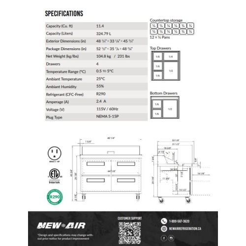 New Air NPT-48SA-4D 48" Refrigerated Salad/Sandwich Prep Table - Ideal for restaurants, cafeterias and food processing spaces