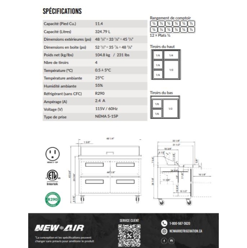 New Air NPT-48SA-4D 48" Refrigerated Salad/Sandwich Prep Table - Ideal for restaurants, cafeterias and food processing spaces