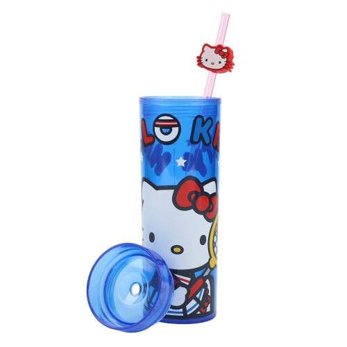 Tasse de tennis Hello Kitty 16 oz en plastique bleu avec paille et couvercle