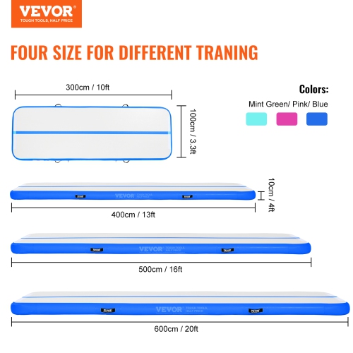 VEVOR 4 inch Gymnastics Air Mat, Thickness Inflatable Gymnastics Tumbling Mat, Tumble Track with Electric Pump, Training Mat for Home-Use /Gym/Yoga/