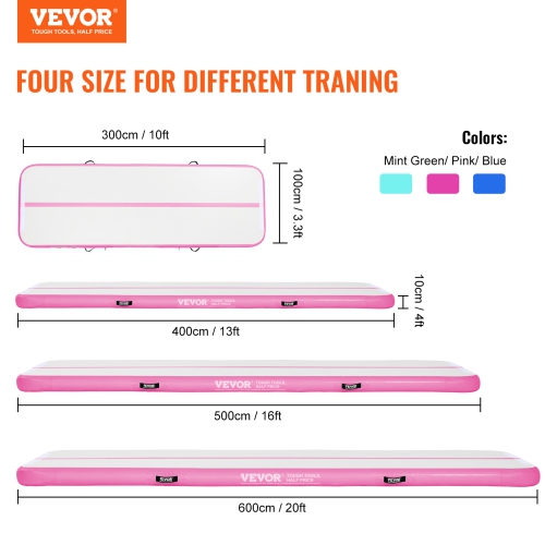 VEVOR 4 inch Gymnastics Air Mat, Thickness Inflatable Gymnastics Tumbling Mat, Tumble Track with Electric Pump, Training Mats for Home