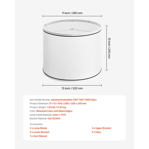 VEVOR 2 Set Lamp Shade, 11in Top x 13in Bottom x 10in High, Medium Lampshade with Harp, Replacement Lamp Shade for Table & Floor Lamps, White with