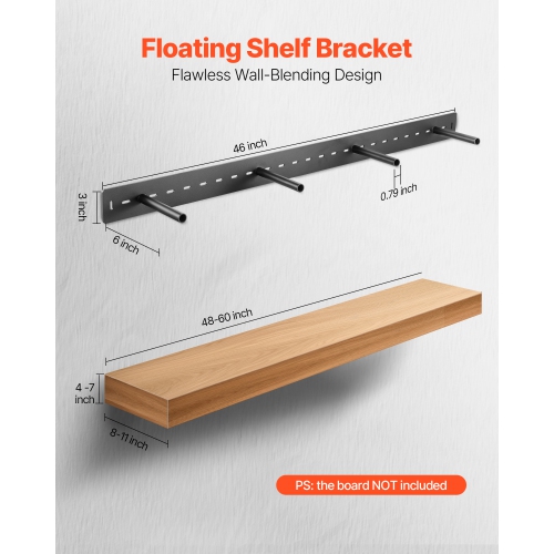 VEVOR 1 Pack Floating Shelf Bracket, 230 lbs/104 kg Weight Capacity, 46x6.2x3 inch, Heavy Duty Hidden Shelf Brackets Support, Wall Mounting Invisible