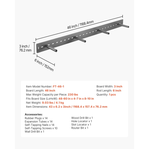 VEVOR 1 Pack Floating Shelf Bracket, 230 lbs/104 kg Weight Capacity, 46x6.2x3 inch, Heavy Duty Hidden Shelf Brackets Support, Wall Mounting Invisible