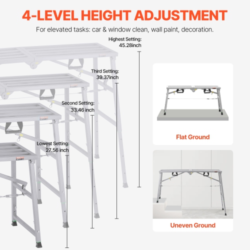 VEVOR Work Platform, 4 Gear Adjustable Height, Folding Alloy Steel Step Ladder, Portable Scaffolding Platform, 800 lb Load Capacity, Non-Slip Rubber