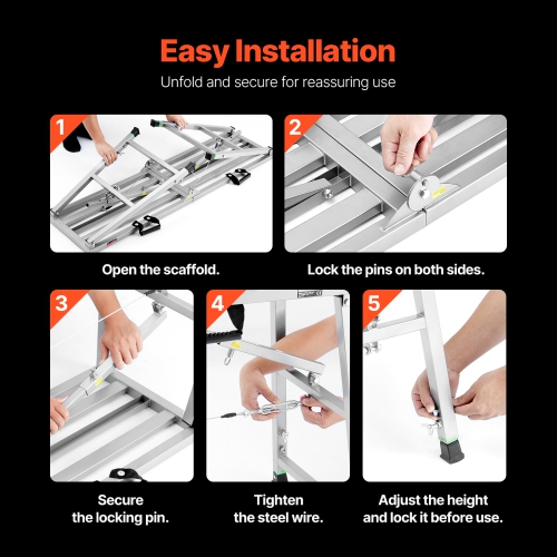 VEVOR Work Platform, 4 Gear Adjustable Height, Folding Alloy Steel Step Ladder, Portable Scaffolding Platform, 800 lb Load Capacity, Non-Slip Rubber