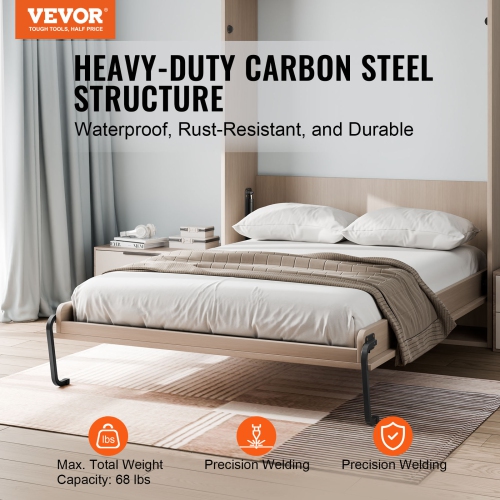VEVOR Murphy Bed Kit, Queen Size, Vertical Deluxe DIY Wall Bed Mechanical Hardware Kit, Pneumatic Lever Heavy Duty Bed Frame Support, Folding Cabinet