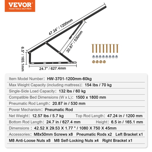 VEVOR 59x71 in Bed Lift, Compatible Bed Size 154 lbs Load Bearing, DIY Wall Bed Mechanical Hardware Kit Vertical Deluxe, Pneumatic Lever Heavy Duty