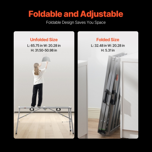 VEVOR Work Platform, 4 Gear Adjustable Height, Folding Alloy Steel Step Ladder, Portable Scaffolding Platform, 800 lb Load Capacity, Non-Slip Rubber