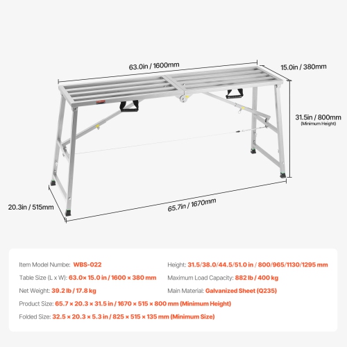 VEVOR Work Platform, 4 Gear Adjustable Height, Folding Alloy Steel Step Ladder, Portable Scaffolding Platform, 800 lb Load Capacity, Non-Slip Rubber
