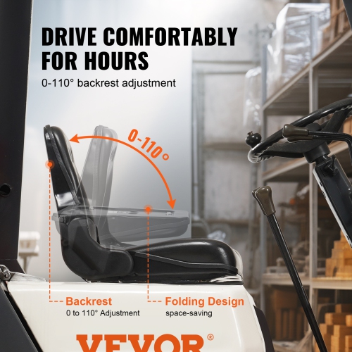 VEVOR 6.3-13.4 inch Universal Forklift Seat, Fold Down Tractor Seat with Adjustable Angle Back and Micro Switch, Extended Slot Comfortable Forklift
