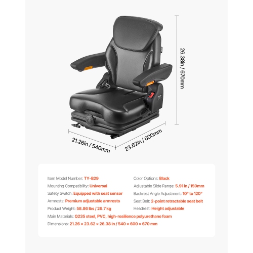 VEVOR Universal Forklift Seat, Tractor Suspension Seat with Adjustable Back, Armrest, Headrest & Safety Belt, Secure Fold Down Tractor Seat with